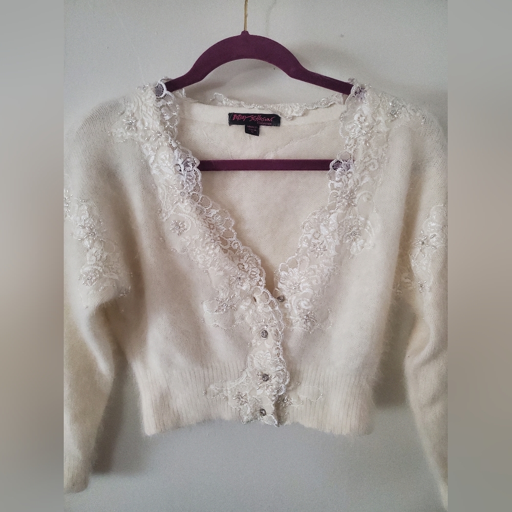 Vintage Betsey Johnson Beaded Angora Lace Cardigan
